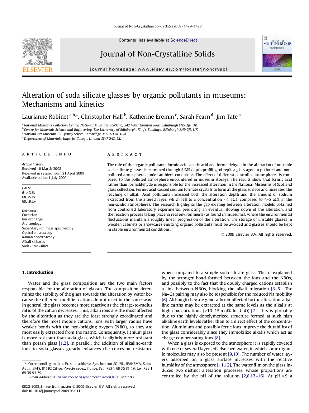 Alteration of soda silicate glasses by organic pollutants in museums: Mechanisms and kinetics