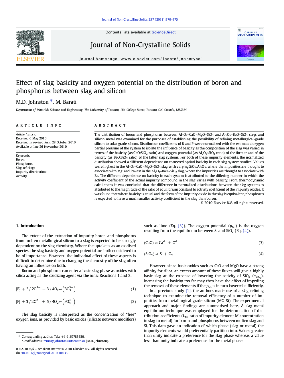 Effect of slag basicity and oxygen potential on the distribution of boron and phosphorus between slag and silicon