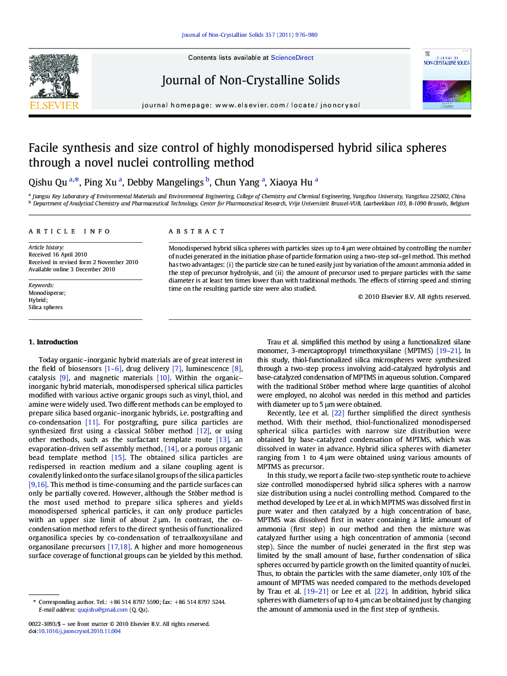 Facile synthesis and size control of highly monodispersed hybrid silica spheres through a novel nuclei controlling method