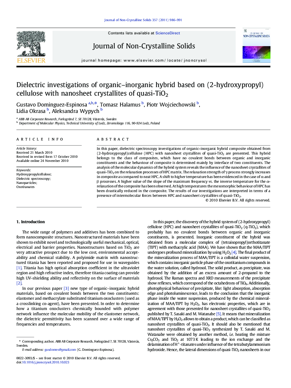 عکس صفحه اول مقاله: Dielectric investigations of organic–inorganic hybrid based on (2-hydroxypropyl) cellulose with nanosheet crystallites of quasi-TiO2 Dielectric investigations of organic–inorganic hybrid based on (2-hydroxypropyl) cellulose with nanosheet crystallites of quasi-TiO2