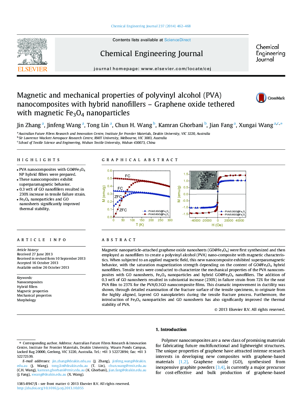 Magnetic and mechanical properties of polyvinyl alcohol (PVA) nanocomposites with hybrid nanofillers – Graphene oxide tethered with magnetic Fe3O4 nanoparticles