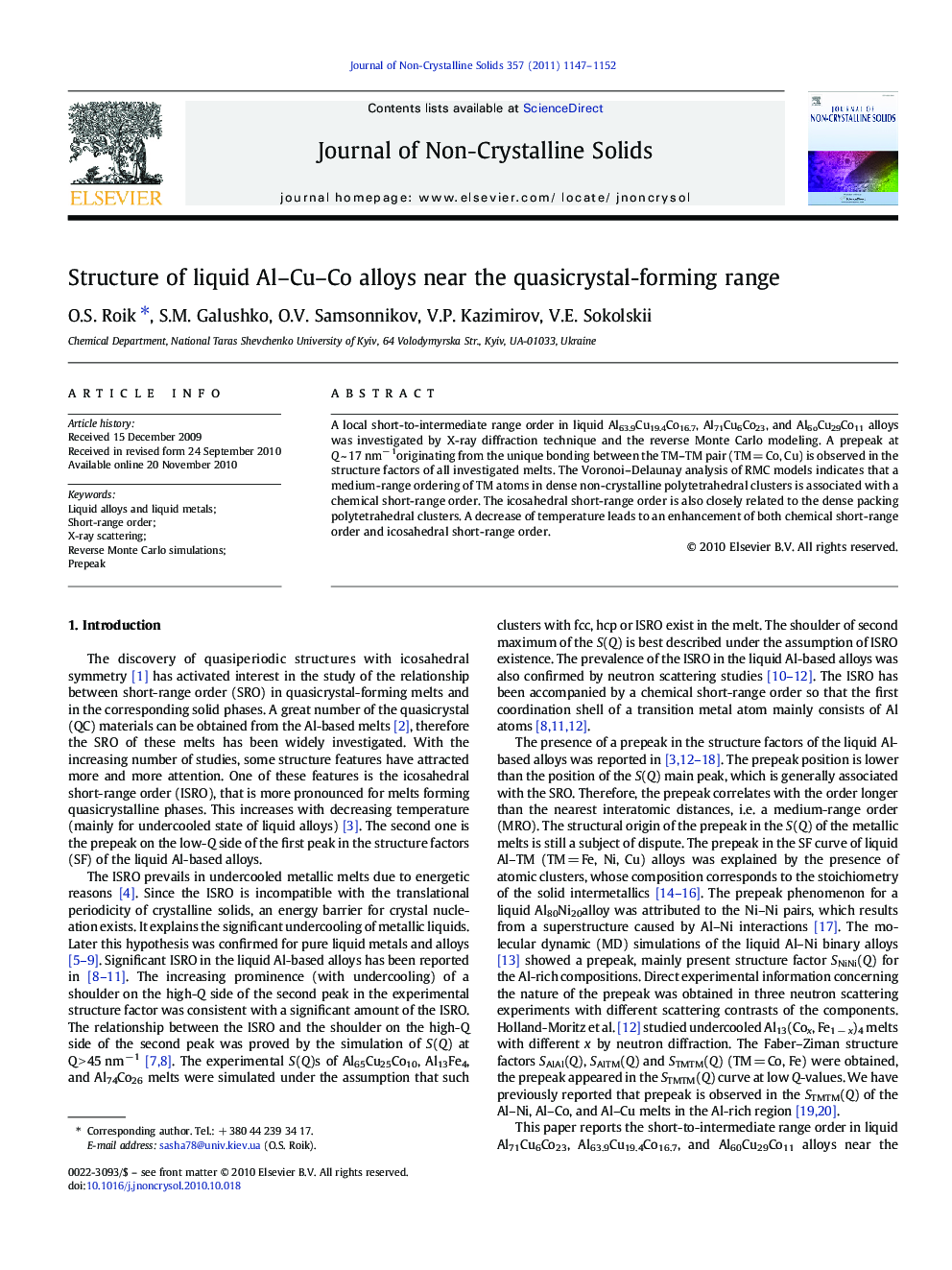 Structure of liquid Al–Cu–Co alloys near the quasicrystal-forming range