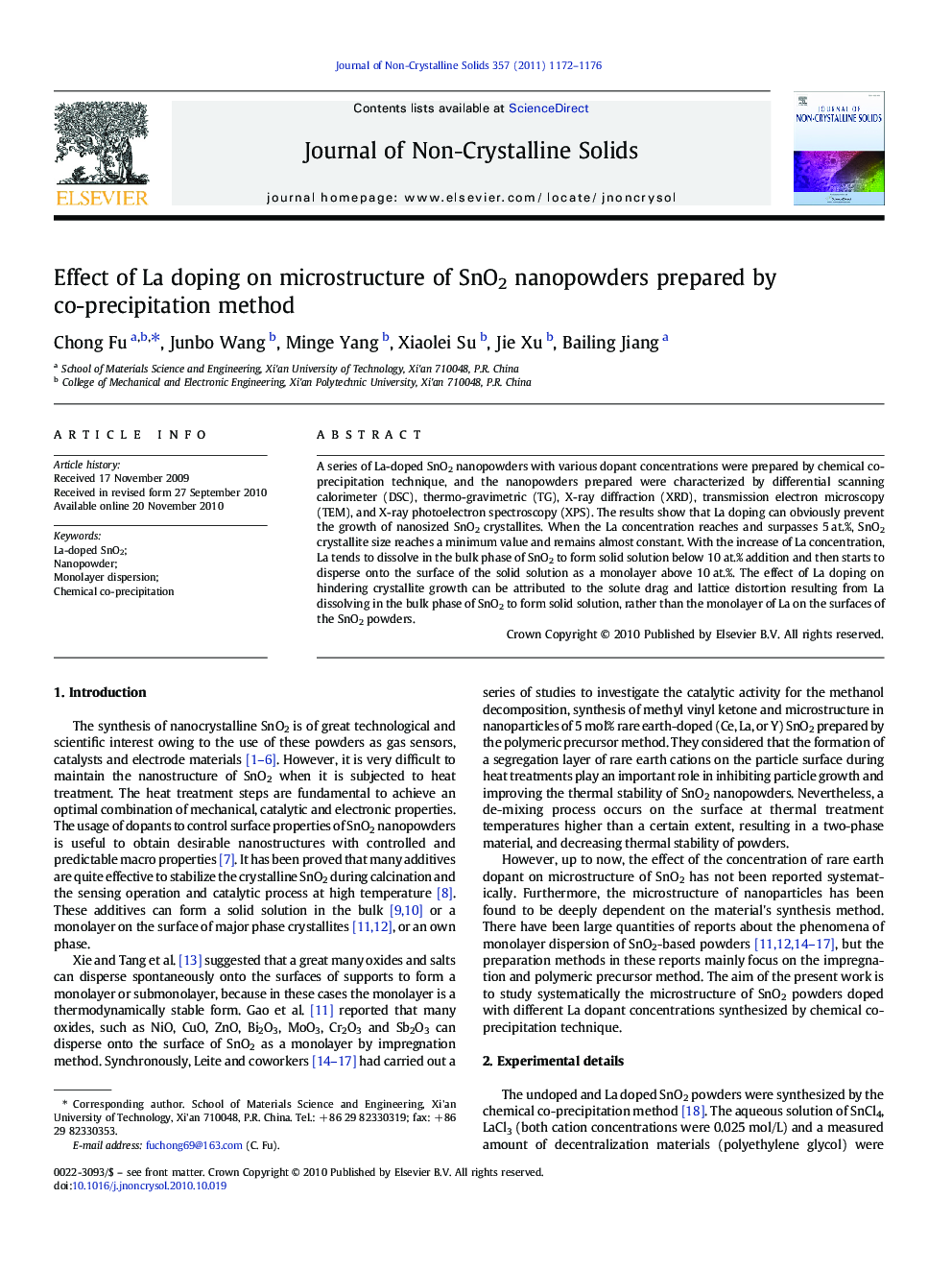 Effect of La doping on microstructure of SnO2 nanopowders prepared by co-precipitation method