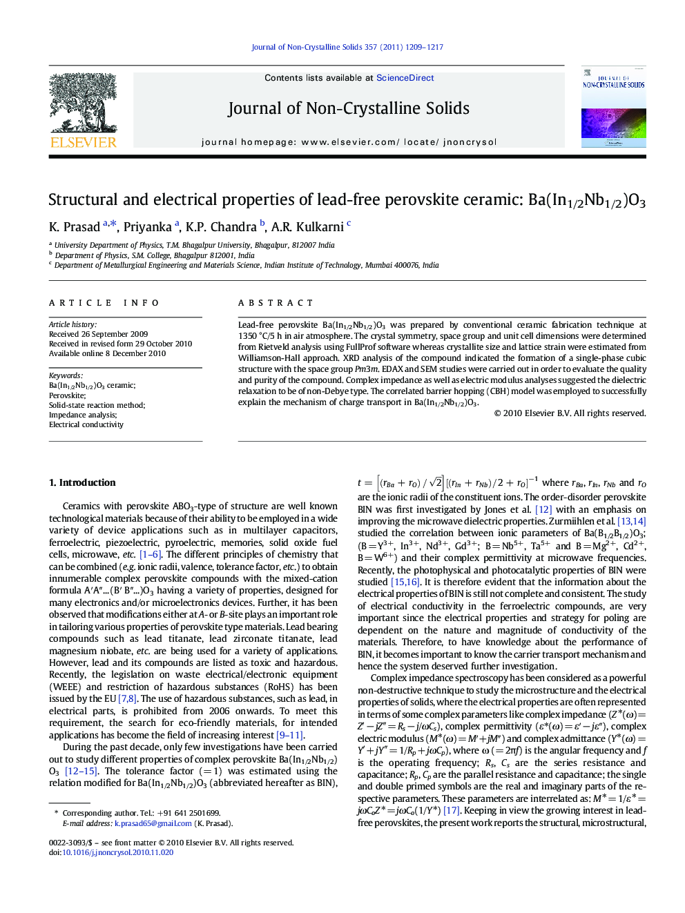 Structural and electrical properties of lead-free perovskite ceramic: Ba(In1/2Nb1/2)O3