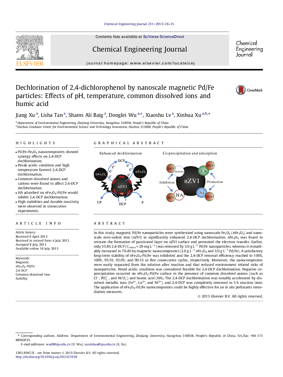 Dechlorination of 2,4-dichlorophenol by nanoscale magnetic Pd/Fe particles: Effects of pH, temperature, common dissolved ions and humic acid