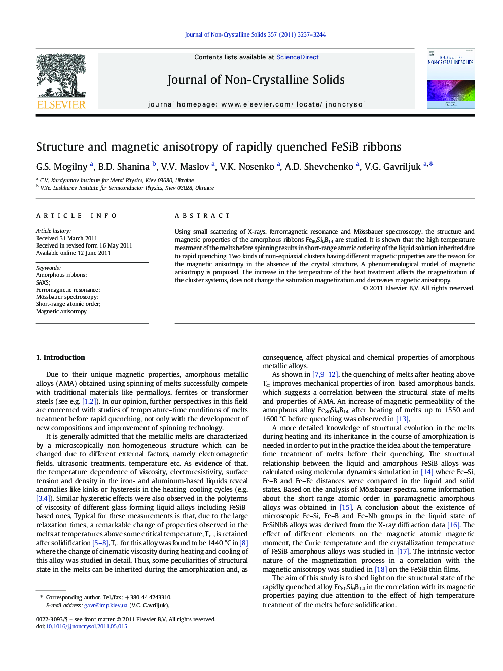 Structure and magnetic anisotropy of rapidly quenched FeSiB ribbons