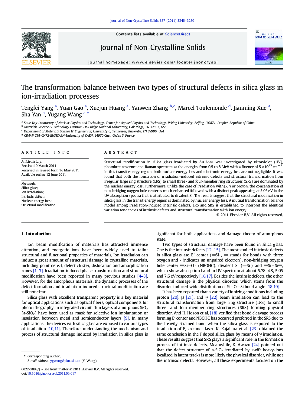 The transformation balance between two types of structural defects in silica glass in ion-irradiation processes