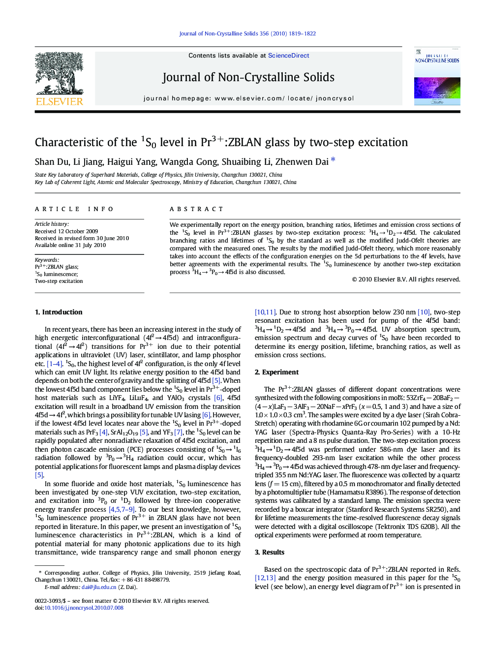 Characteristic of the 1S0 level in Pr3+:ZBLAN glass by two-step excitation