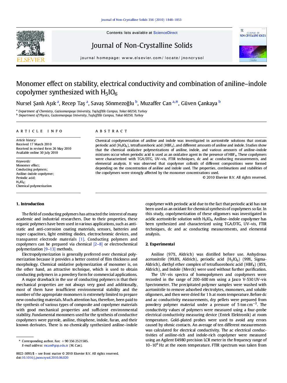 Monomer effect on stability, electrical conductivity and combination of aniline–indole copolymer synthesized with H5IO6