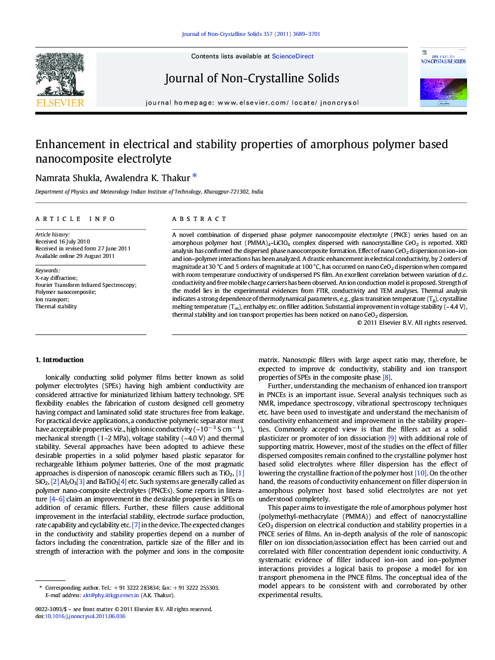 عکس صفحه اول مقاله: Enhancement in electrical and stability properties of amorphous polymer based nanocomposite electrolyte Enhancement in electrical and stability properties of amorphous polymer based nanocomposite electrolyte