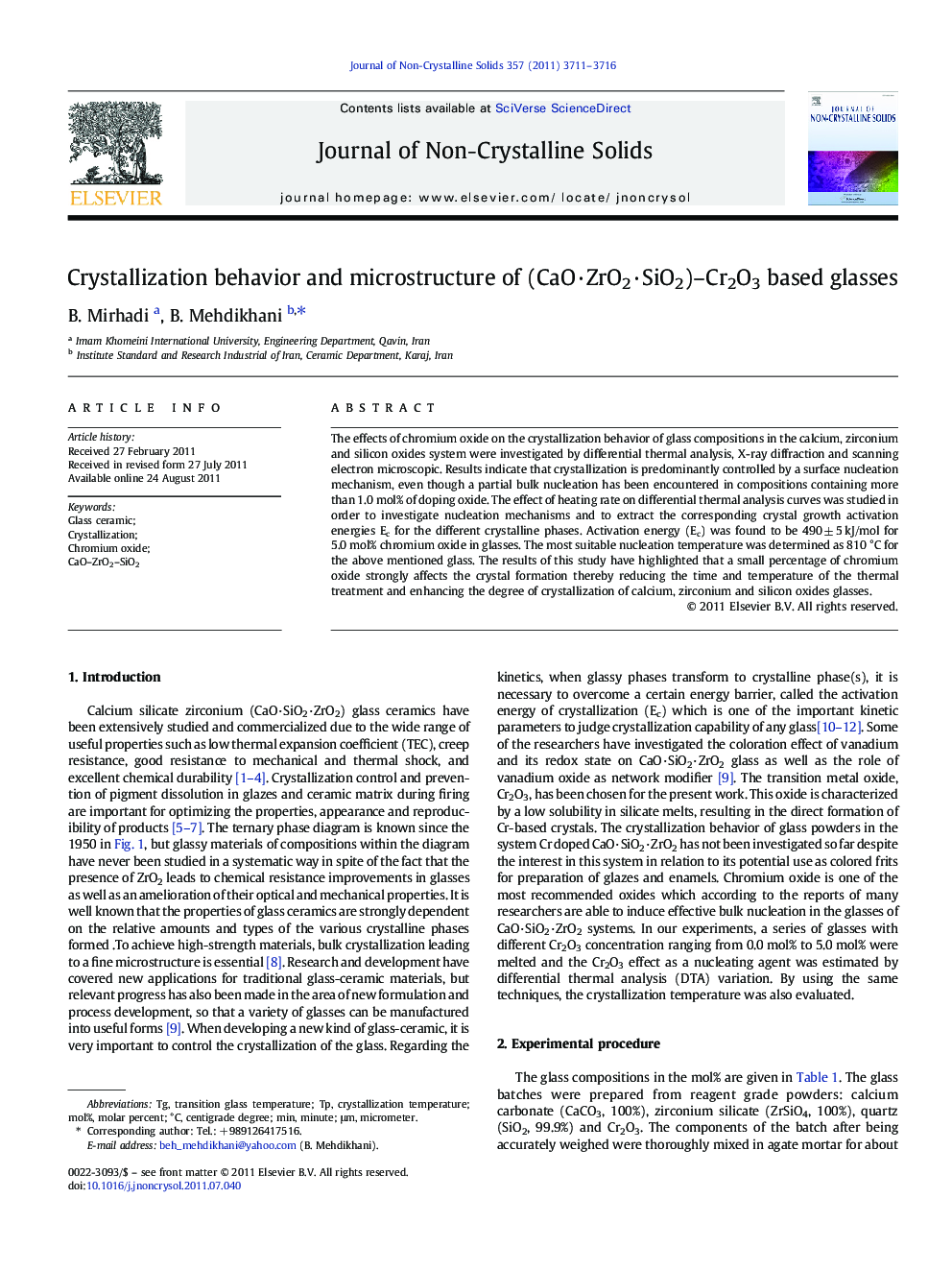 عکس صفحه اول مقاله: Crystallization behavior and microstructure of (CaO·ZrO2·SiO2)–Cr2O3 based glasses Crystallization behavior and microstructure of (CaO·ZrO2·SiO2)–Cr2O3 based glasses