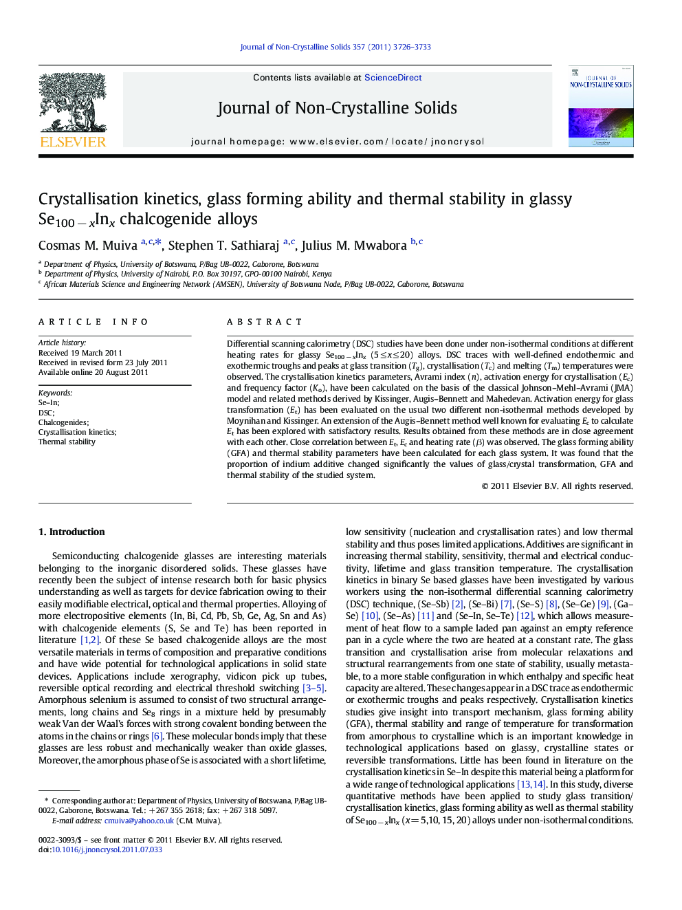 Crystallisation kinetics, glass forming ability and thermal stability in glassy Se100 − xInx chalcogenide alloys