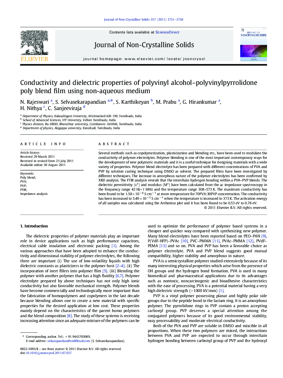 Conductivity and dielectric properties of polyvinyl alcohol–polyvinylpyrrolidone poly blend film using non-aqueous medium