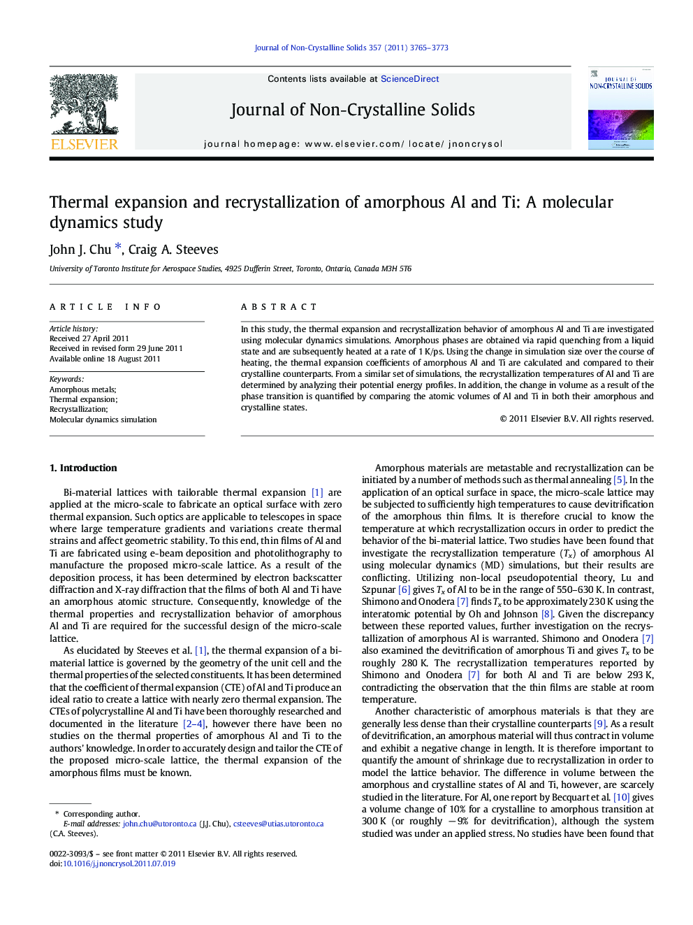 عکس صفحه اول مقاله: Thermal expansion and recrystallization of amorphous Al and Ti: A molecular dynamics study Thermal expansion and recrystallization of amorphous Al and Ti: A molecular dynamics study