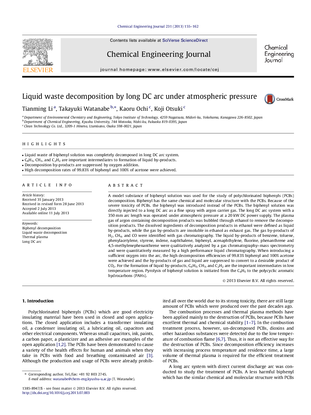 Liquid waste decomposition by long DC arc under atmospheric pressure