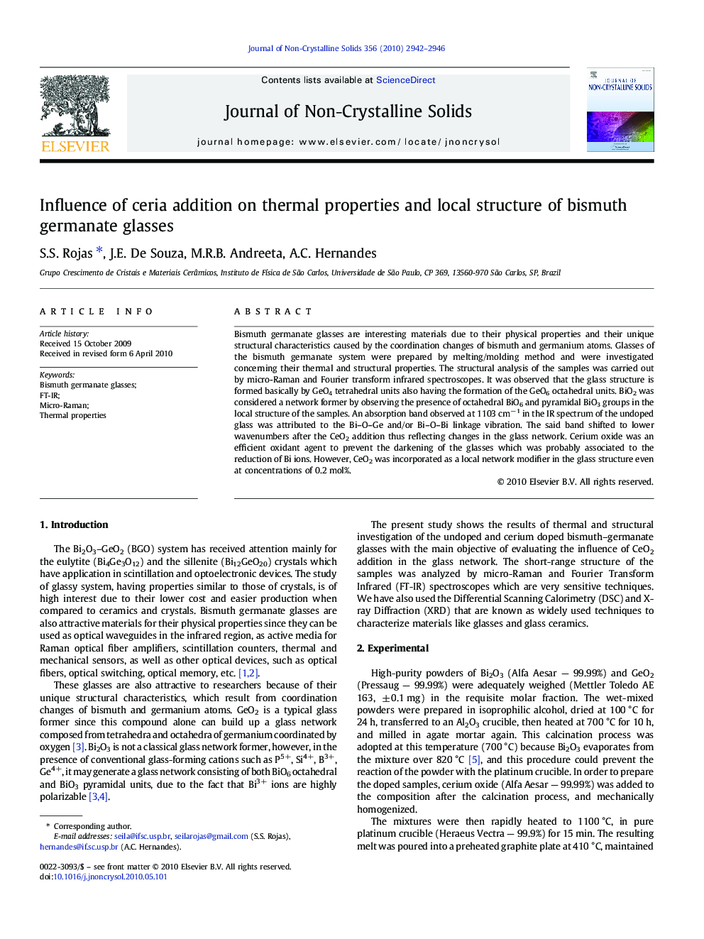 Influence of ceria addition on thermal properties and local structure of bismuth germanate glasses