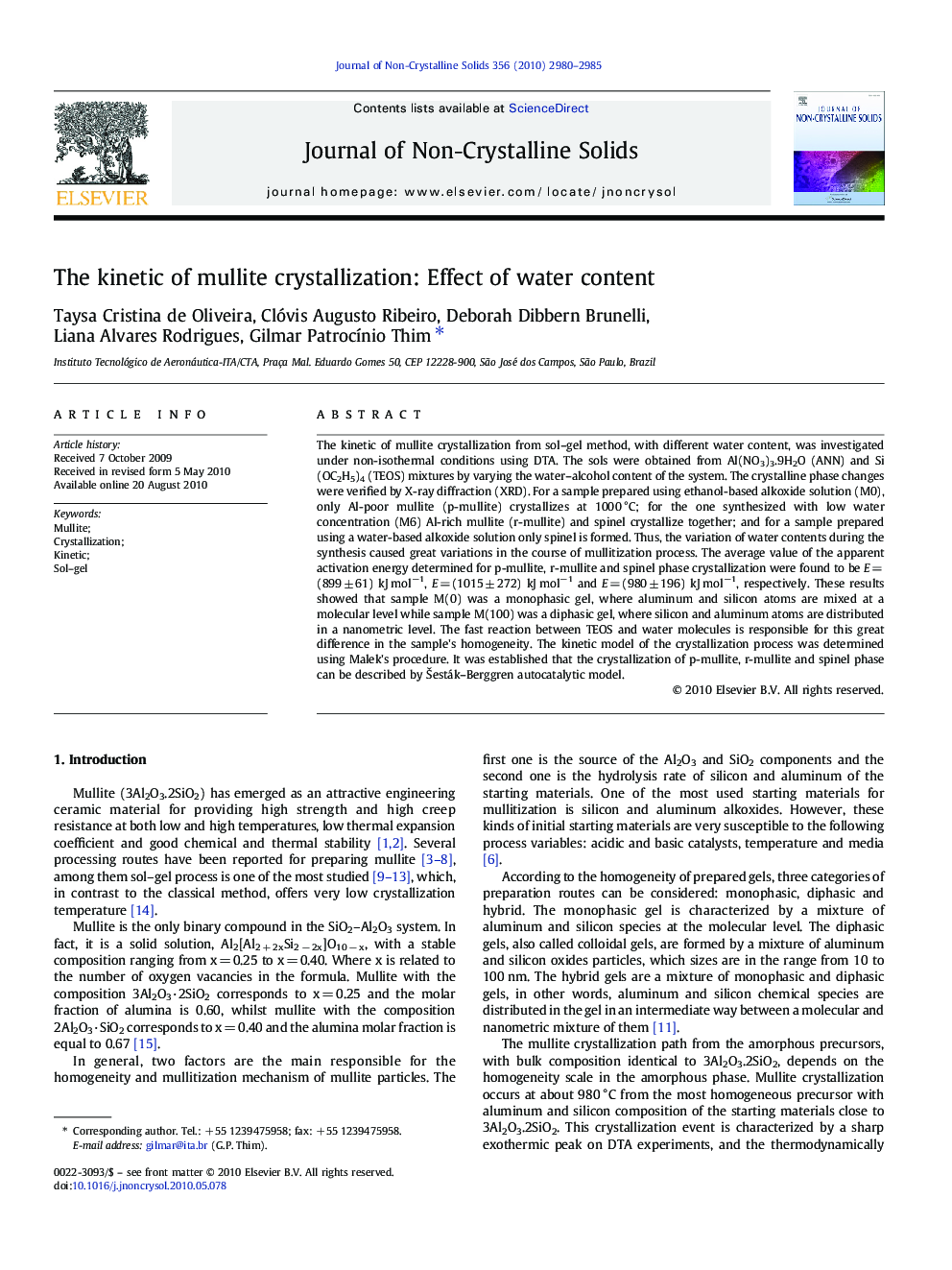 The kinetic of mullite crystallization: Effect of water content