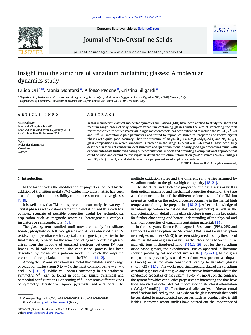 Insight into the structure of vanadium containing glasses: A molecular dynamics study