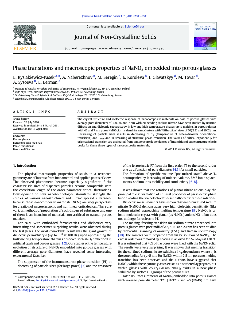 Phase transitions and macroscopic properties of NaNO3 embedded into porous glasses