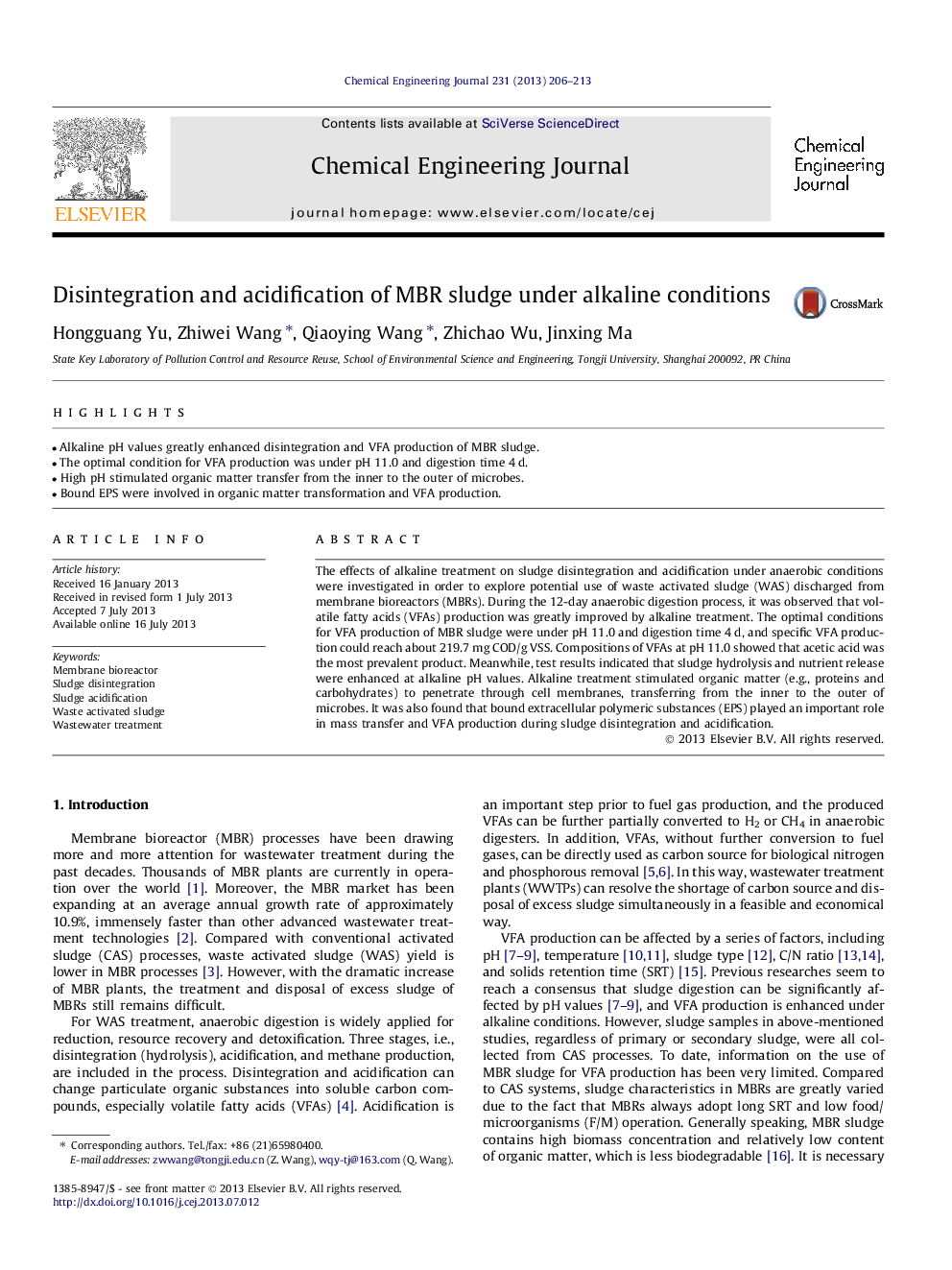 Disintegration and acidification of MBR sludge under alkaline conditions