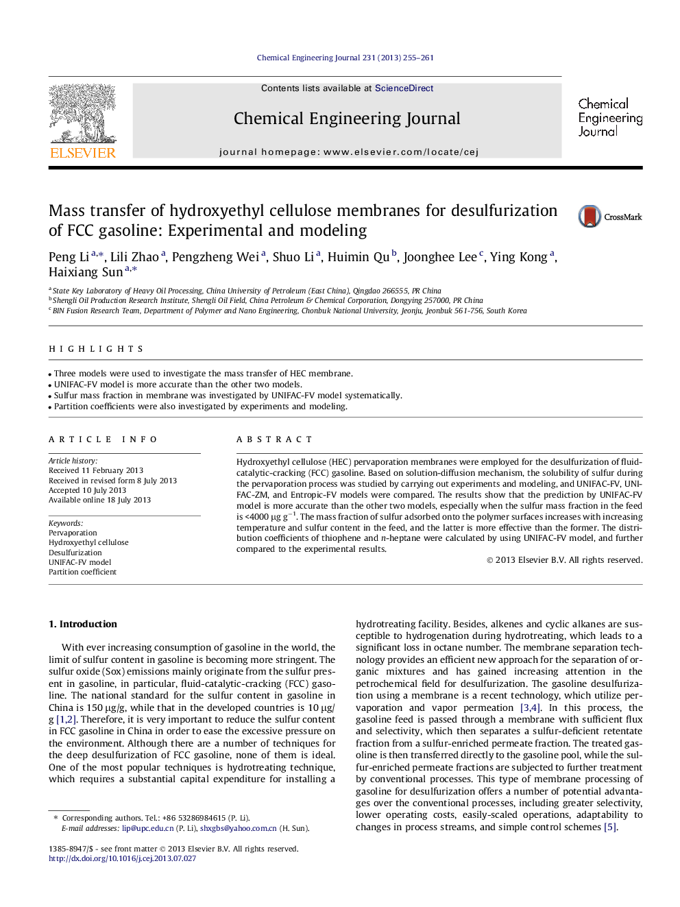 Mass transfer of hydroxyethyl cellulose membranes for desulfurization of FCC gasoline: Experimental and modeling