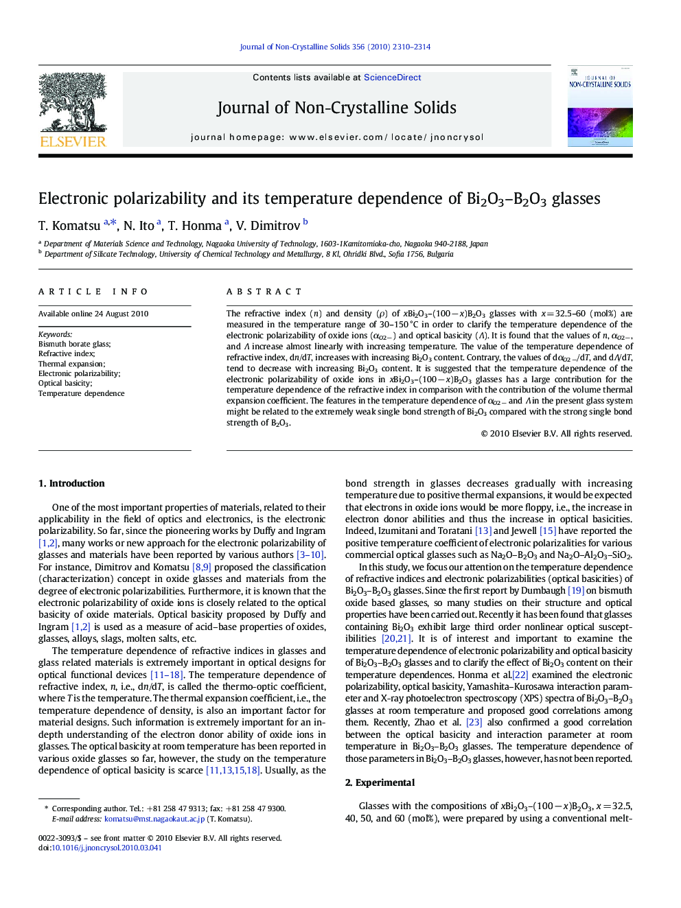 Electronic polarizability and its temperature dependence of Bi2O3–B2O3 glasses