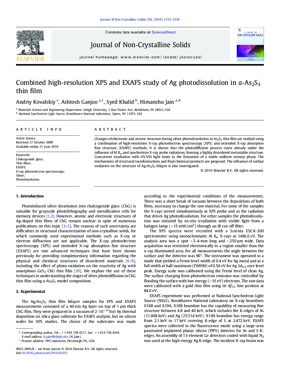 Combined high-resolution XPS and EXAFS study of Ag photodissolution in a-As2S3 thin film