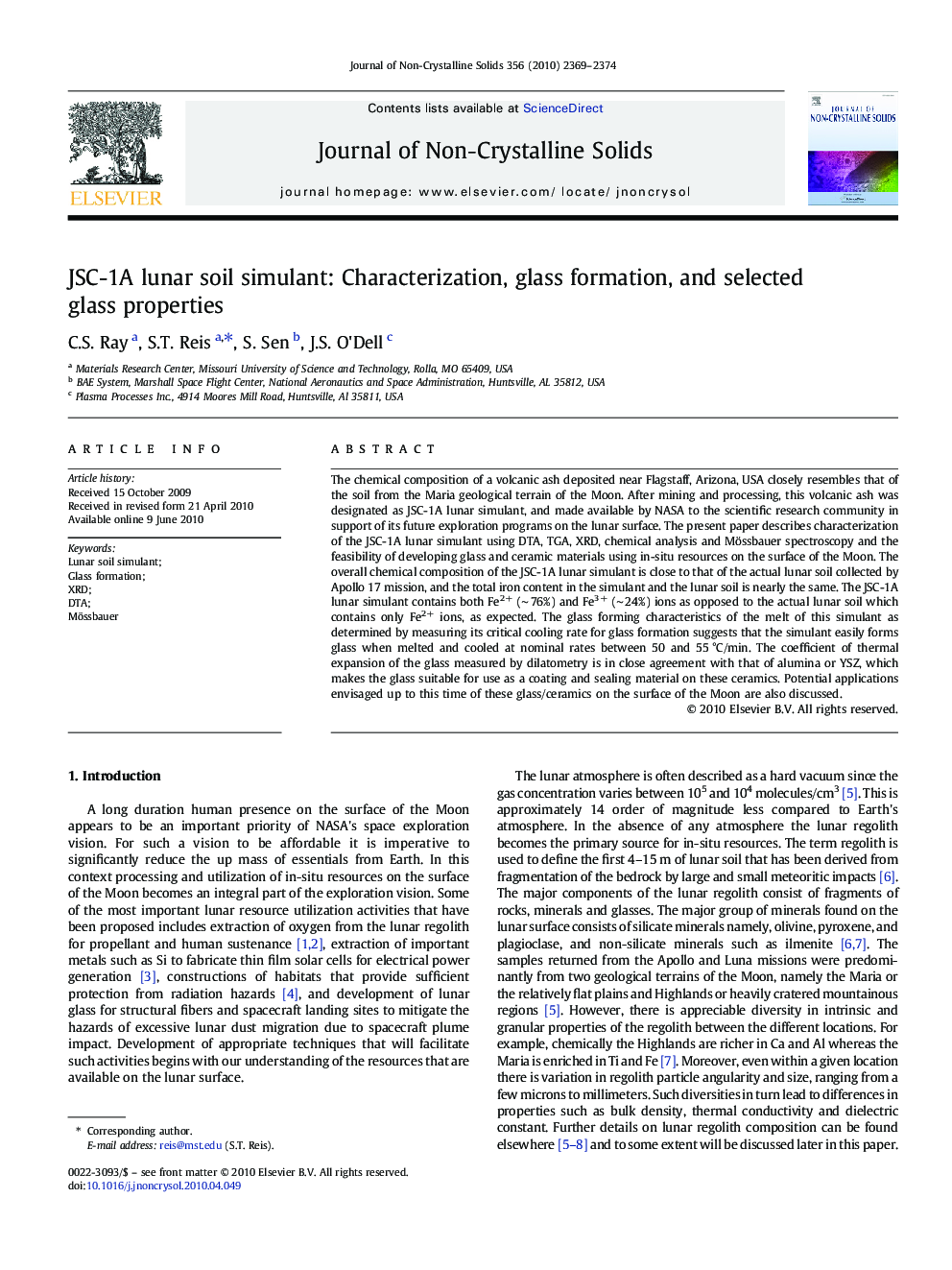 عکس صفحه اول مقاله: JSC-1A lunar soil simulant: Characterization, glass formation, and selected glass properties JSC-1A lunar soil simulant: Characterization, glass formation, and selected glass properties
