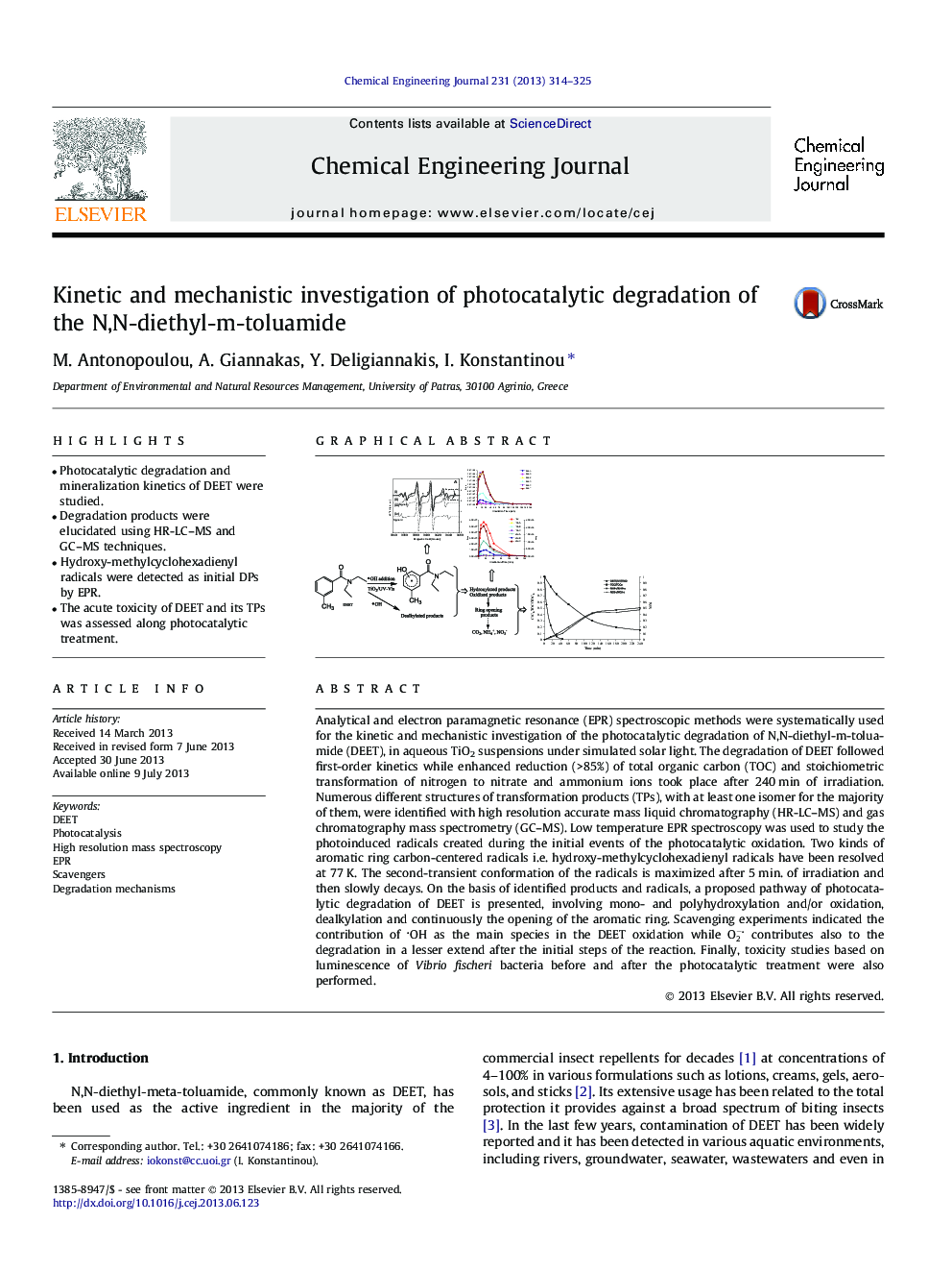 Kinetic and mechanistic investigation of photocatalytic degradation of the N,N-diethyl-m-toluamide