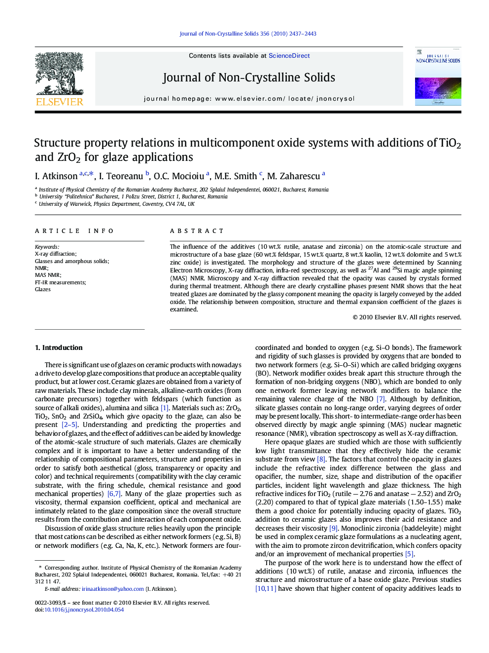 Structure property relations in multicomponent oxide systems with additions of TiO2 and ZrO2 for glaze applications