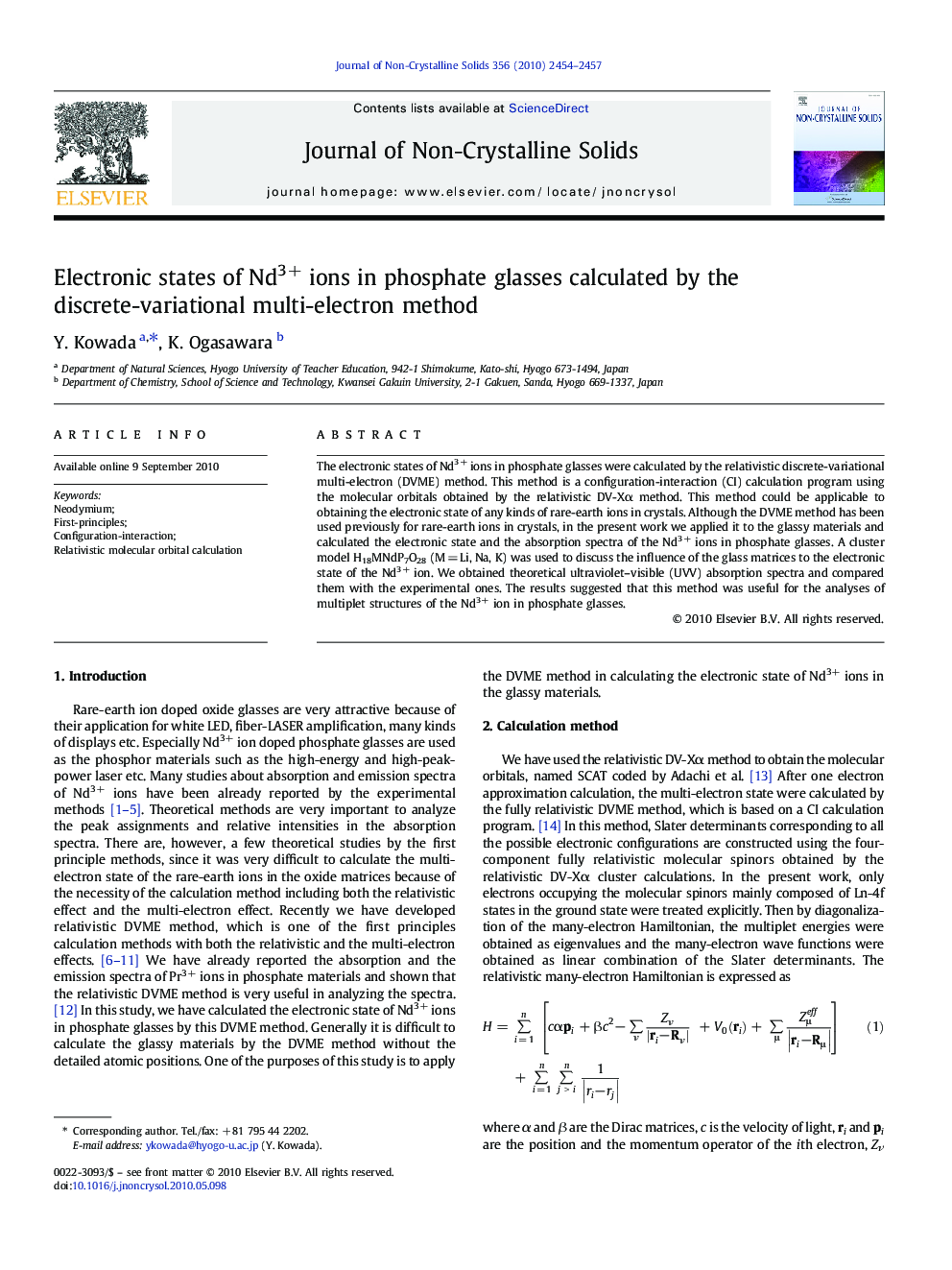 عکس صفحه اول مقاله: Electronic states of Nd3+ ions in phosphate glasses calculated by the discrete-variational multi-electron method Electronic states of Nd3+ ions in phosphate glasses calculated by the discrete-variational multi-electron method