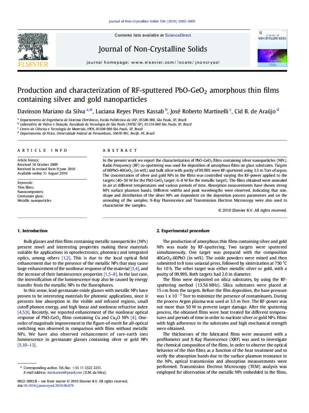 Production and characterization of RF-sputtered PbO-GeO2 amorphous thin films containing silver and gold nanoparticles