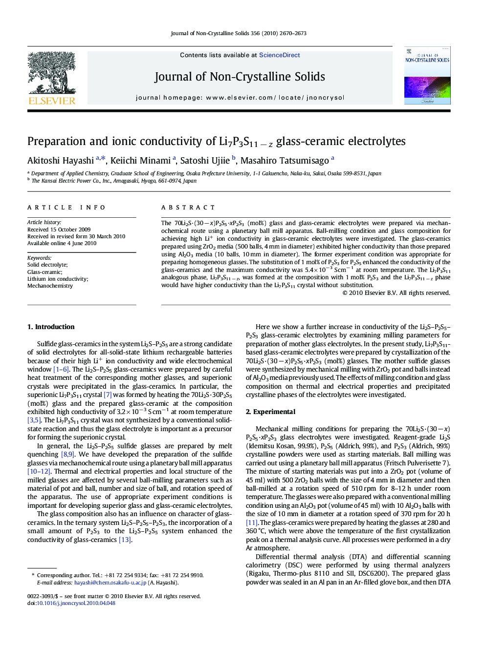 Preparation and ionic conductivity of Li7P3S11 − z glass-ceramic electrolytes