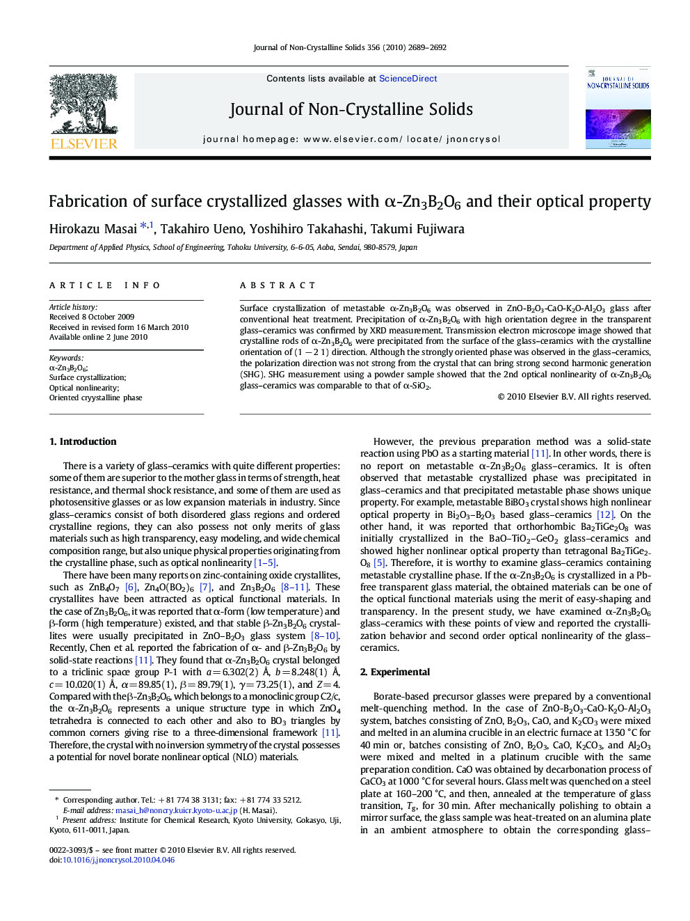 Fabrication of surface crystallized glasses with α-Zn3B2O6 and their optical property