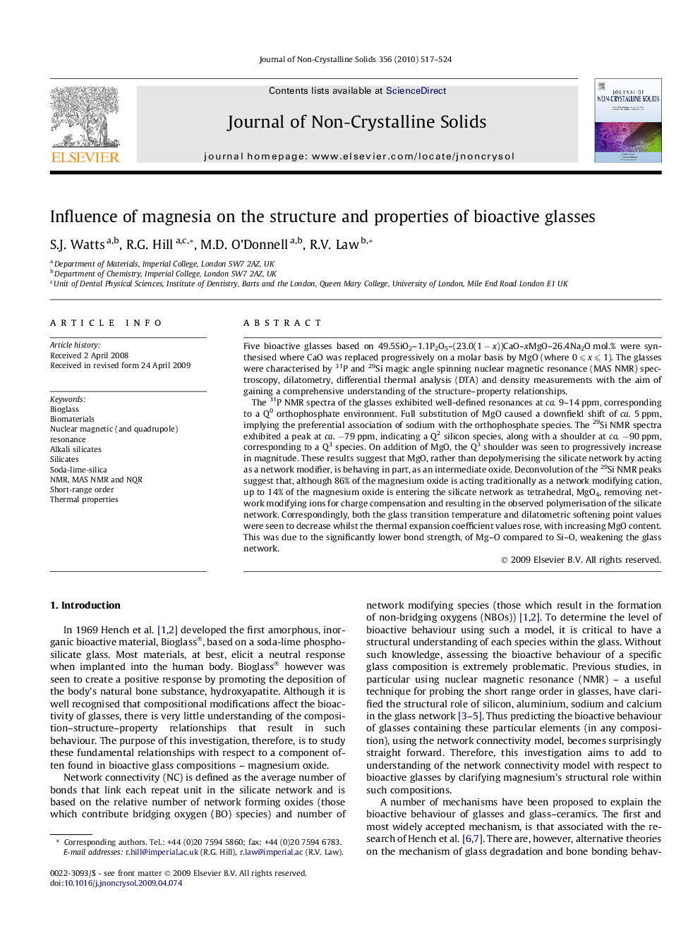 Influence of magnesia on the structure and properties of bioactive glasses