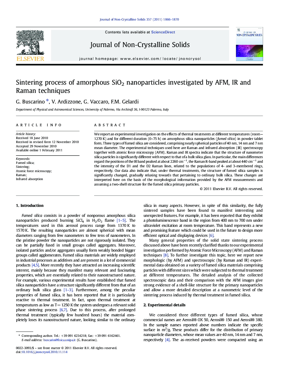 Sintering process of amorphous SiO2 nanoparticles investigated by AFM, IR and Raman techniques