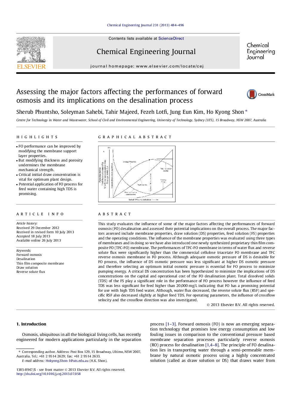 Assessing the major factors affecting the performances of forward osmosis and its implications on the desalination process