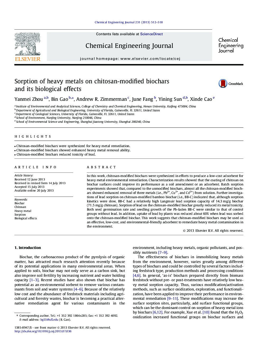 Sorption of heavy metals on chitosan-modified biochars and its biological effects