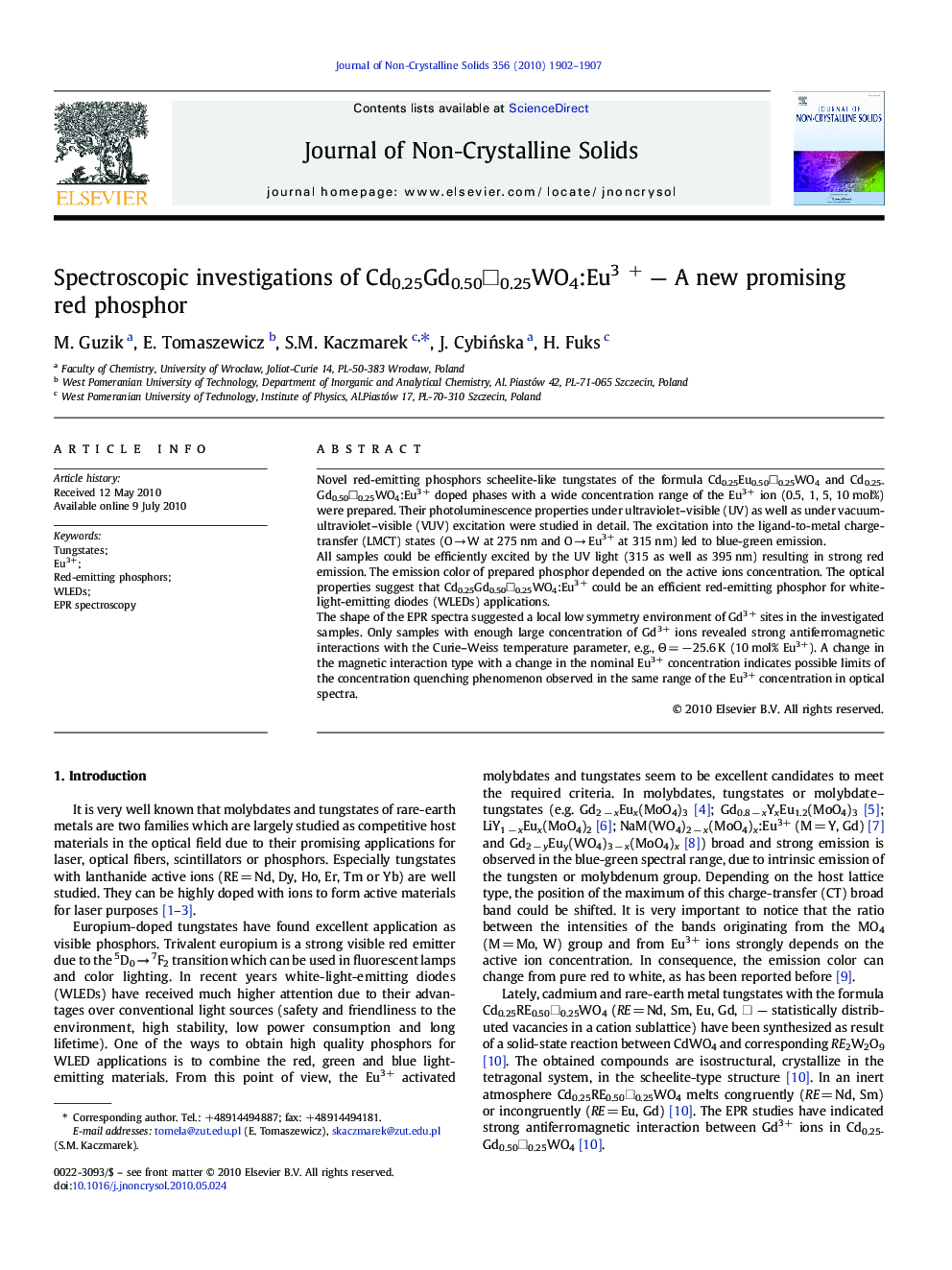 عکس صفحه اول مقاله: Spectroscopic investigations of Cd0.25Gd0.50□0.25WO4:Eu3 + — A new promising red phosphor Spectroscopic investigations of Cd0.25Gd0.50□0.25WO4:Eu3 + — A new promising red phosphor