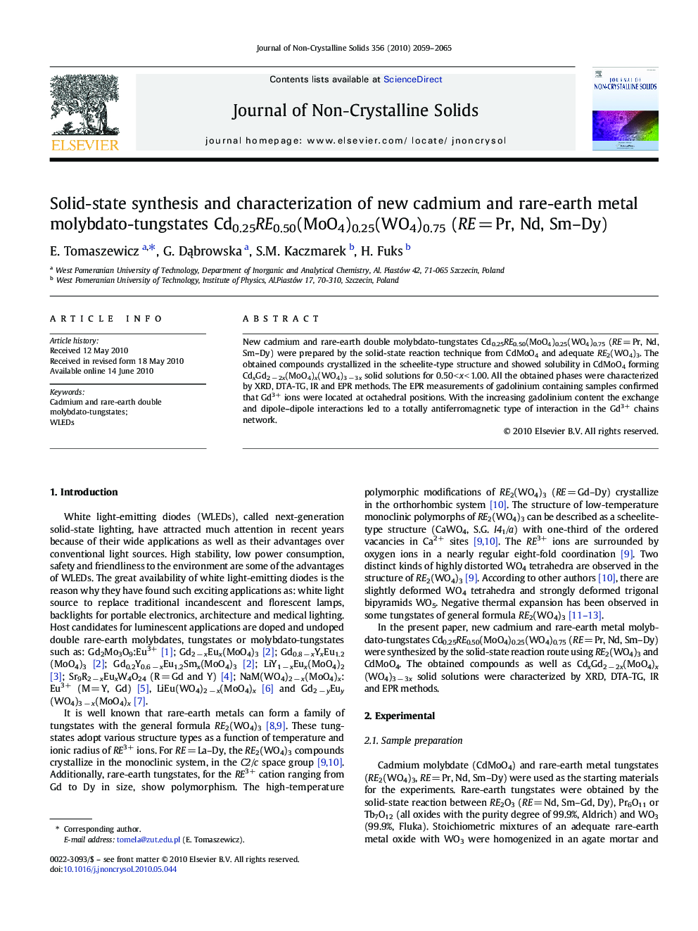 Solid-state synthesis and characterization of new cadmium and rare-earth metal molybdato-tungstates Cd0.25RE0.50(MoO4)0.25(WO4)0.75 (RE = Pr, Nd, Sm–Dy)