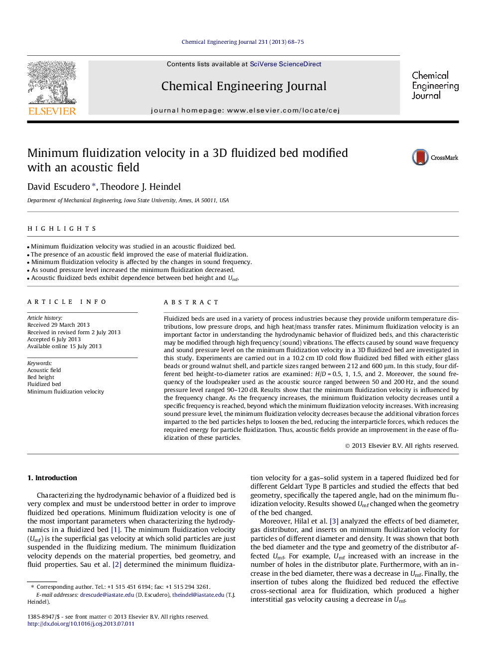 Minimum fluidization velocity in a 3D fluidized bed modified with an acoustic field