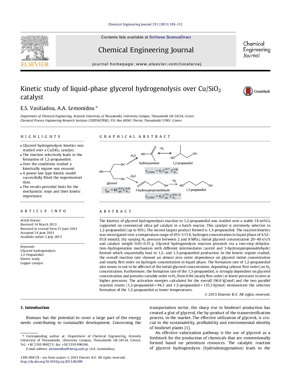 Kinetic study of liquid-phase glycerol hydrogenolysis over Cu/SiO2 catalyst