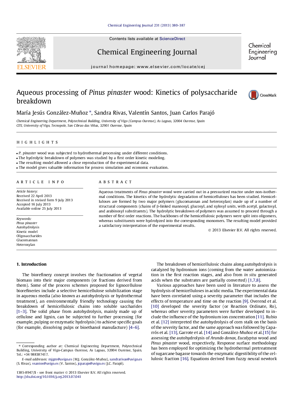 Aqueous processing of Pinus pinaster wood: Kinetics of polysaccharide breakdown