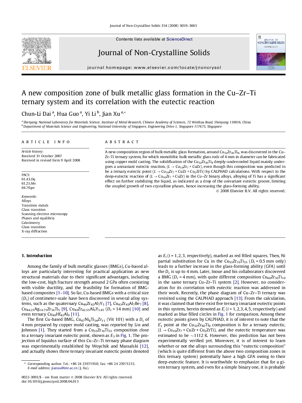 A new composition zone of bulk metallic glass formation in the Cu–Zr–Ti ternary system and its correlation with the eutectic reaction