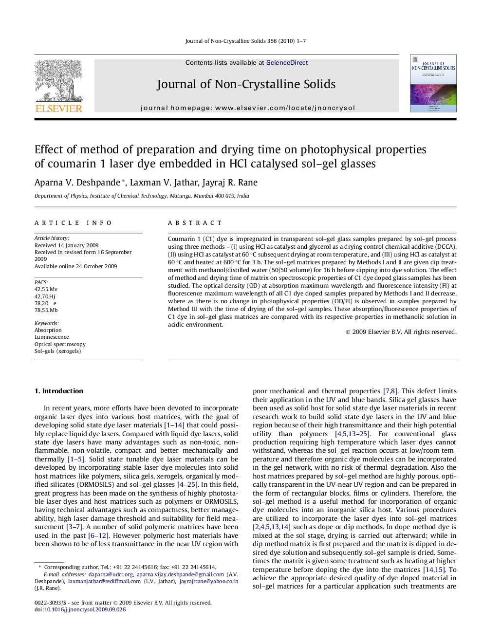 Effect of method of preparation and drying time on photophysical properties of coumarin 1 laser dye embedded in HCl catalysed sol–gel glasses