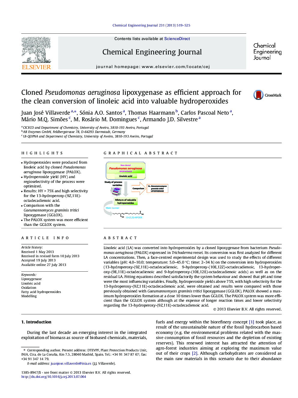 عکس صفحه اول مقاله: Cloned Pseudomonas aeruginosa lipoxygenase as efficient approach for the clean conversion of linoleic acid into valuable hydroperoxides Cloned Pseudomonas aeruginosa lipoxygenase as efficient approach for the clean conversion of linoleic acid into valuable hydroperoxides