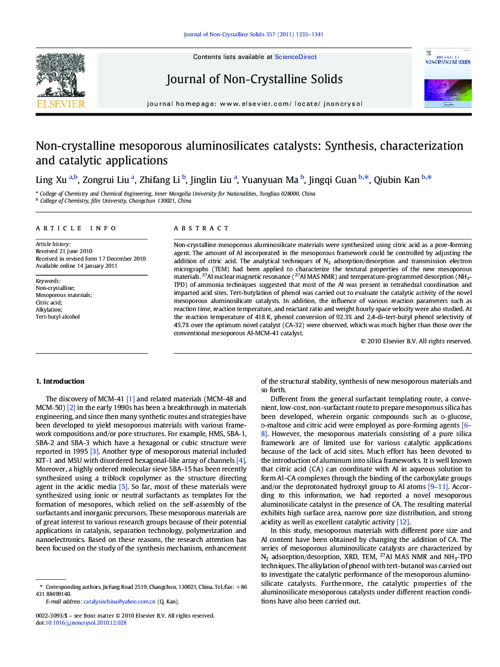 Non-crystalline mesoporous aluminosilicates catalysts: Synthesis, characterization and catalytic applications