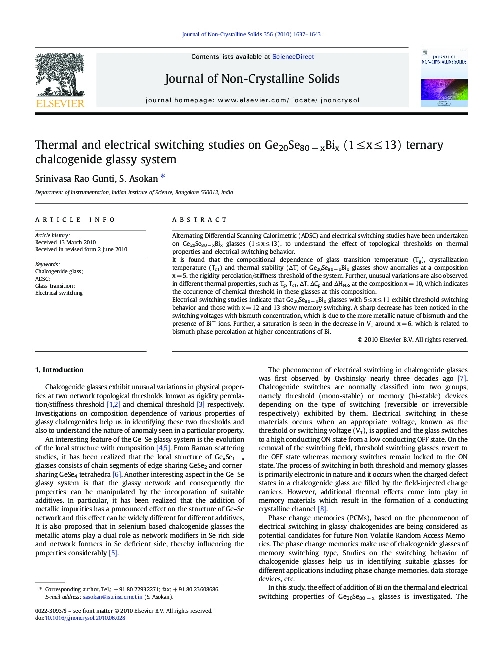 Thermal and electrical switching studies on Ge20Se80 − xBix (1 ≤ x ≤ 13) ternary chalcogenide glassy system