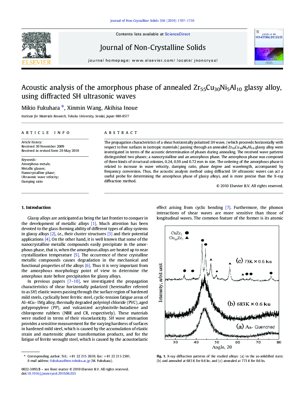 Acoustic analysis of the amorphous phase of annealed Zr55Cu30Ni5Al10 glassy alloy, using diffracted SH ultrasonic waves