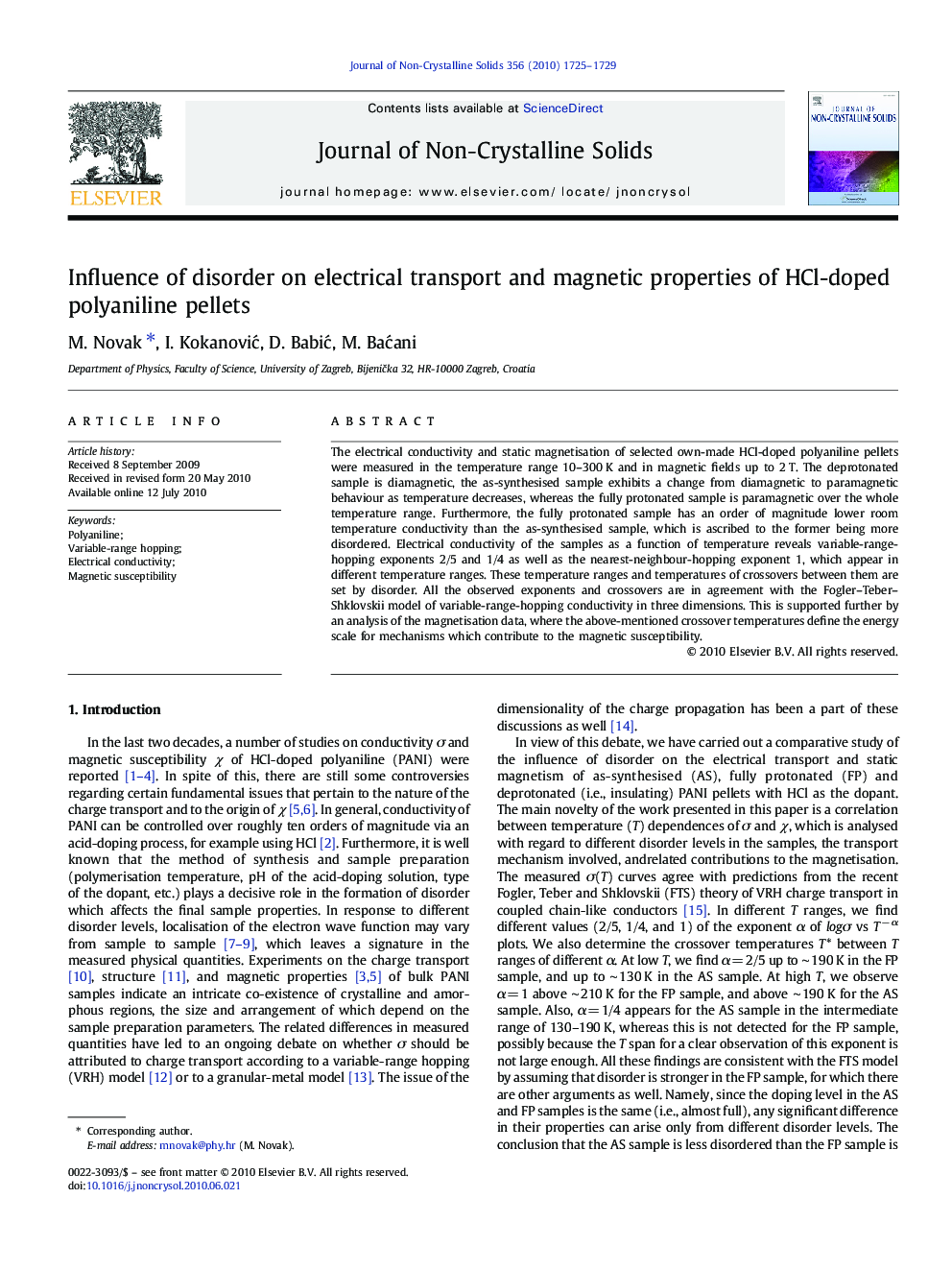 عکس صفحه اول مقاله: Influence of disorder on electrical transport and magnetic properties of HCl-doped polyaniline pellets Influence of disorder on electrical transport and magnetic properties of HCl-doped polyaniline pellets